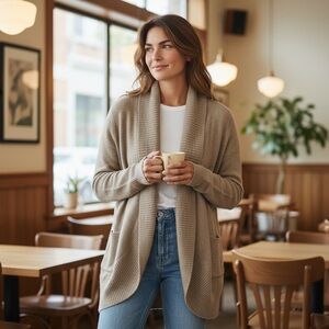 NWOT Rachel Zoe Soft Marshmallow Open Front Tan Cowl Neck Cardigan